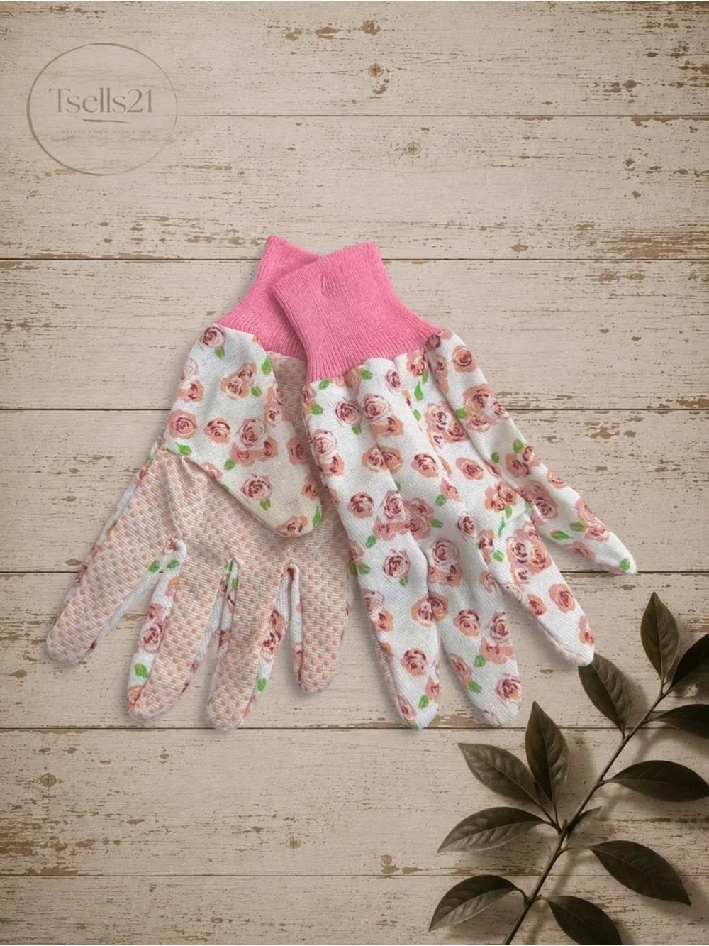 Women’s Pink Floral Garden Gloves with Knit Cuff